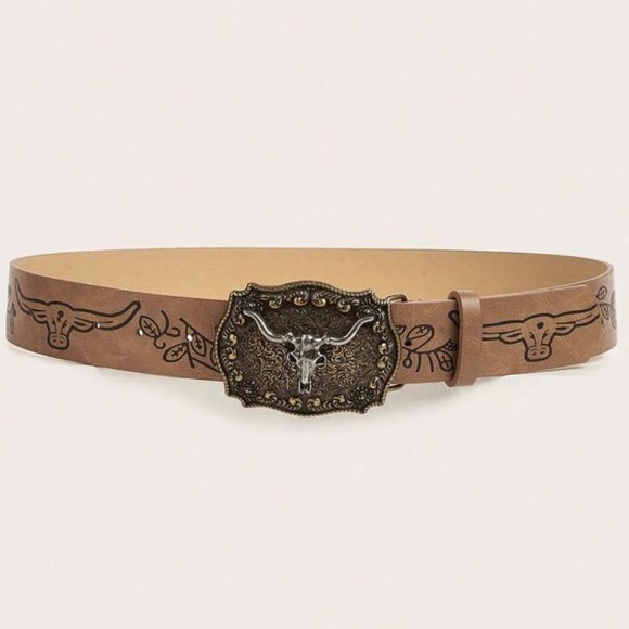 ONLY 1 LEFT of each size - Vintage Buckle PU Leather Cowboy Style Belt - Tan - Picture 3 of 7